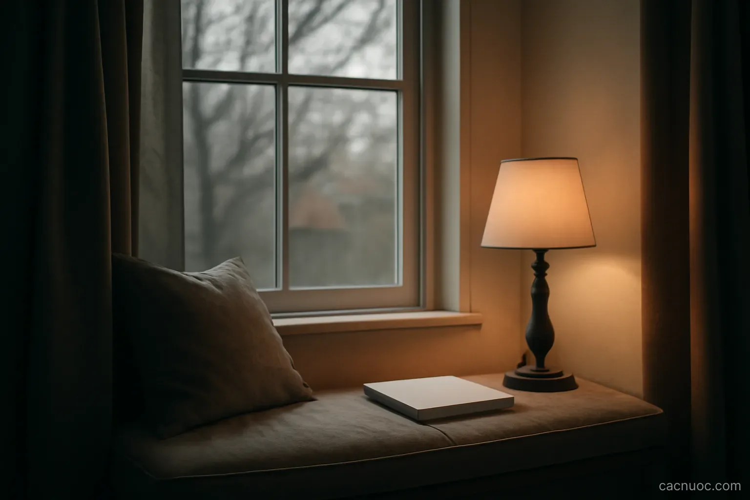 A window seat with a lamp lit in the middle of the afternoon while heavy grey daylight fades outside, no readable text