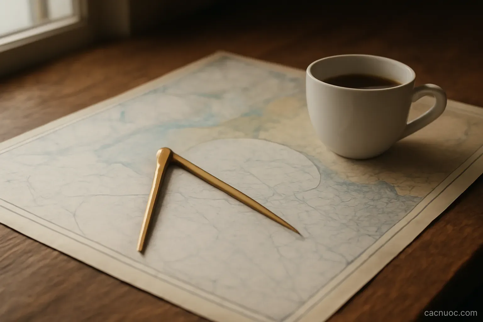 A nautical chart weighted down with a brass divider and a coffee cup on a wooden table, soft daylight from a window, no readable text