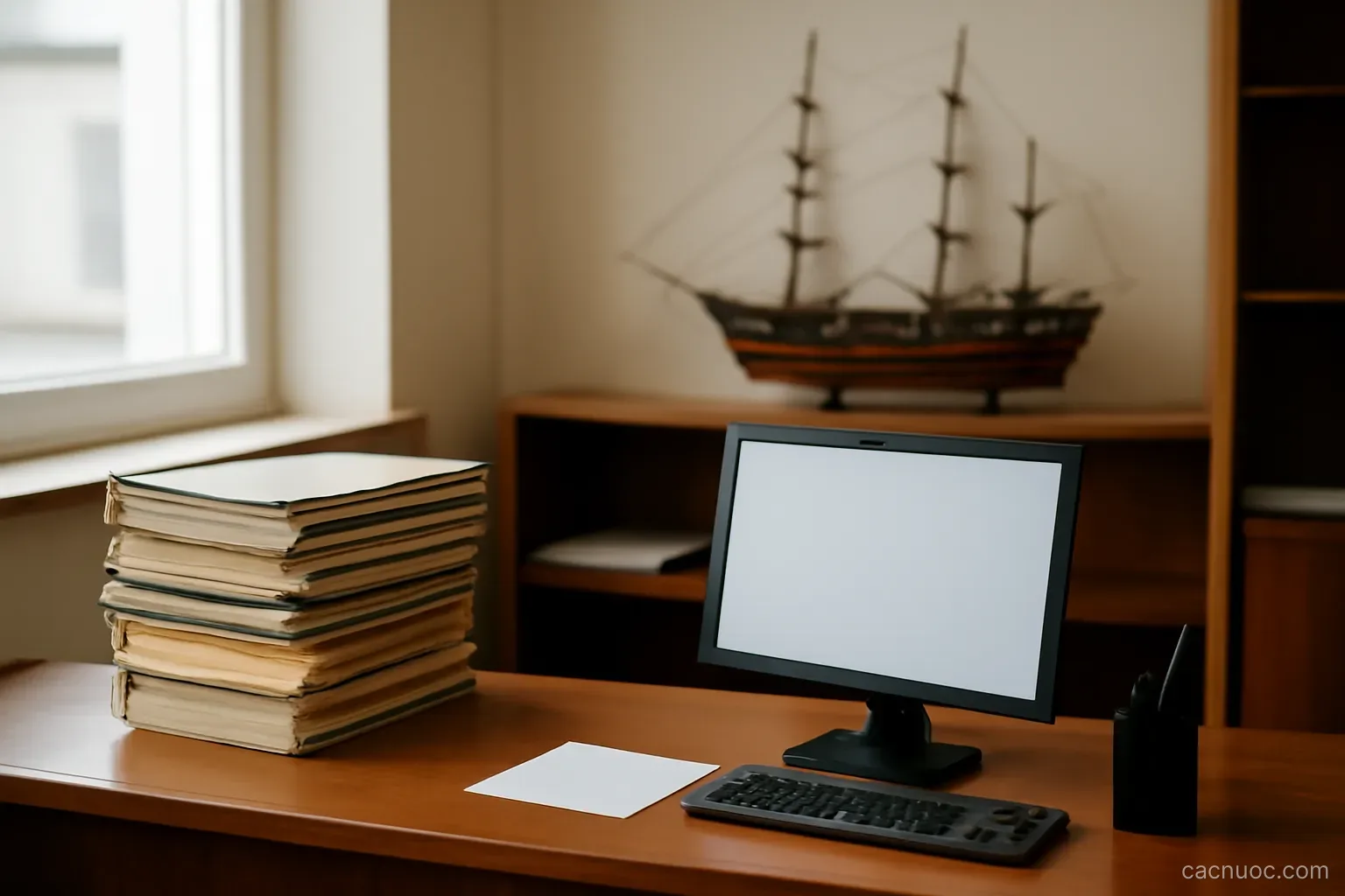 A ship registry office counter with stacked folders and a model vessel on a shelf behind, no readable text