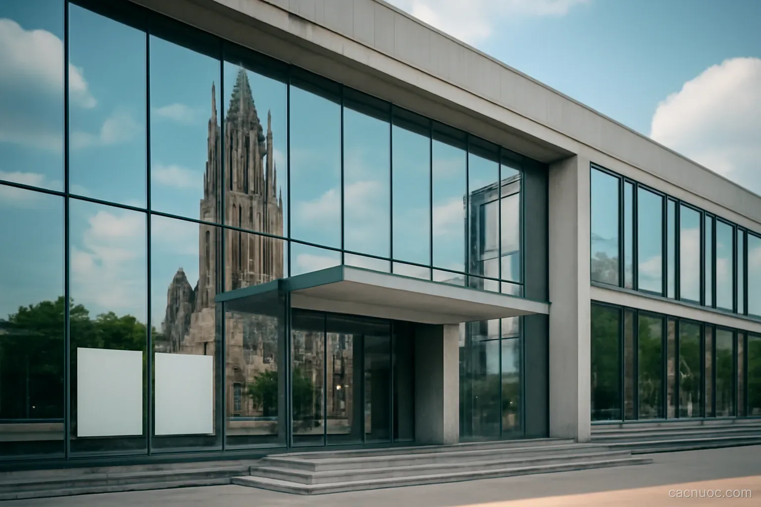 A regional parliament building with modern glass frontage reflecting an old cathedral tower opposite, no readable text