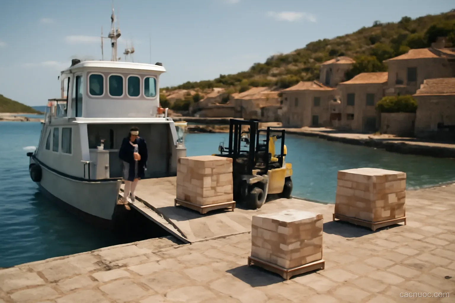 A small cargo ferry unloading pallets at a compact stone harbour on a Mediterranean island at midday, wide angle, no readable text