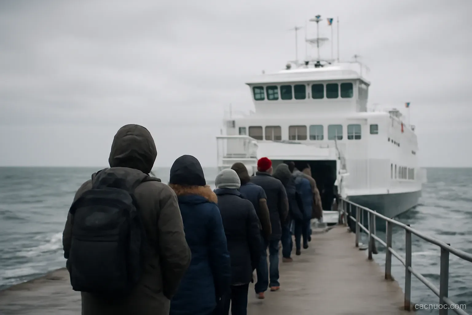 Passengers queueing on a windswept concrete pier beside a white inter-island ferry under grey winter sky, no readable text