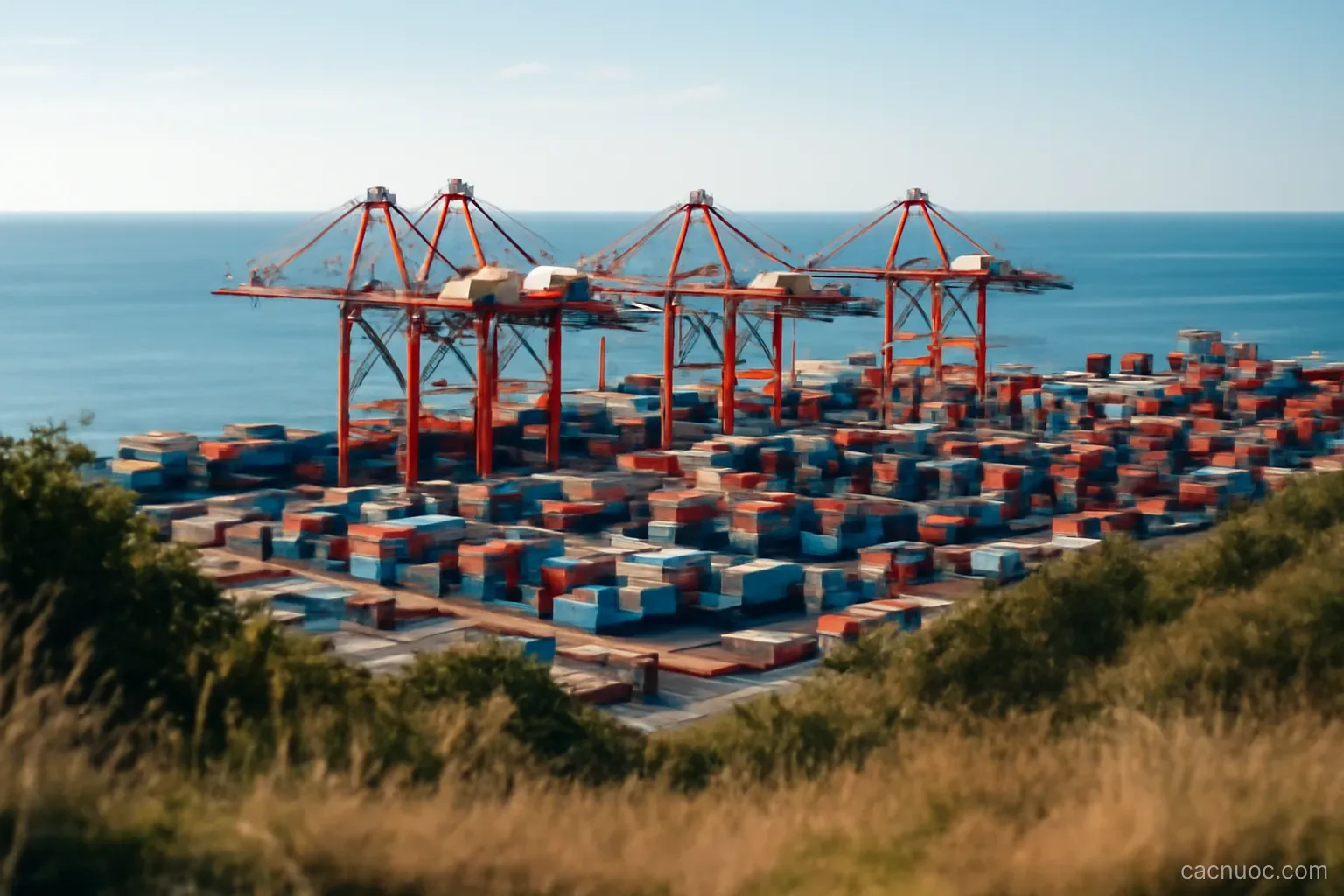 A container port with cranes seen from a hill with the open sea beyond, no readable text