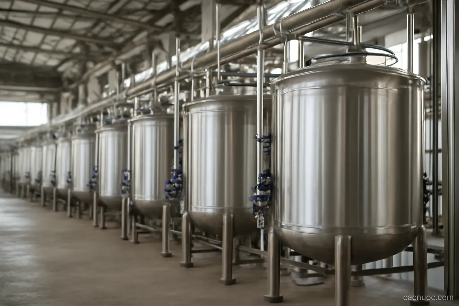 Rows of stainless water treatment tanks under a high industrial roof with pipework overhead, no readable text