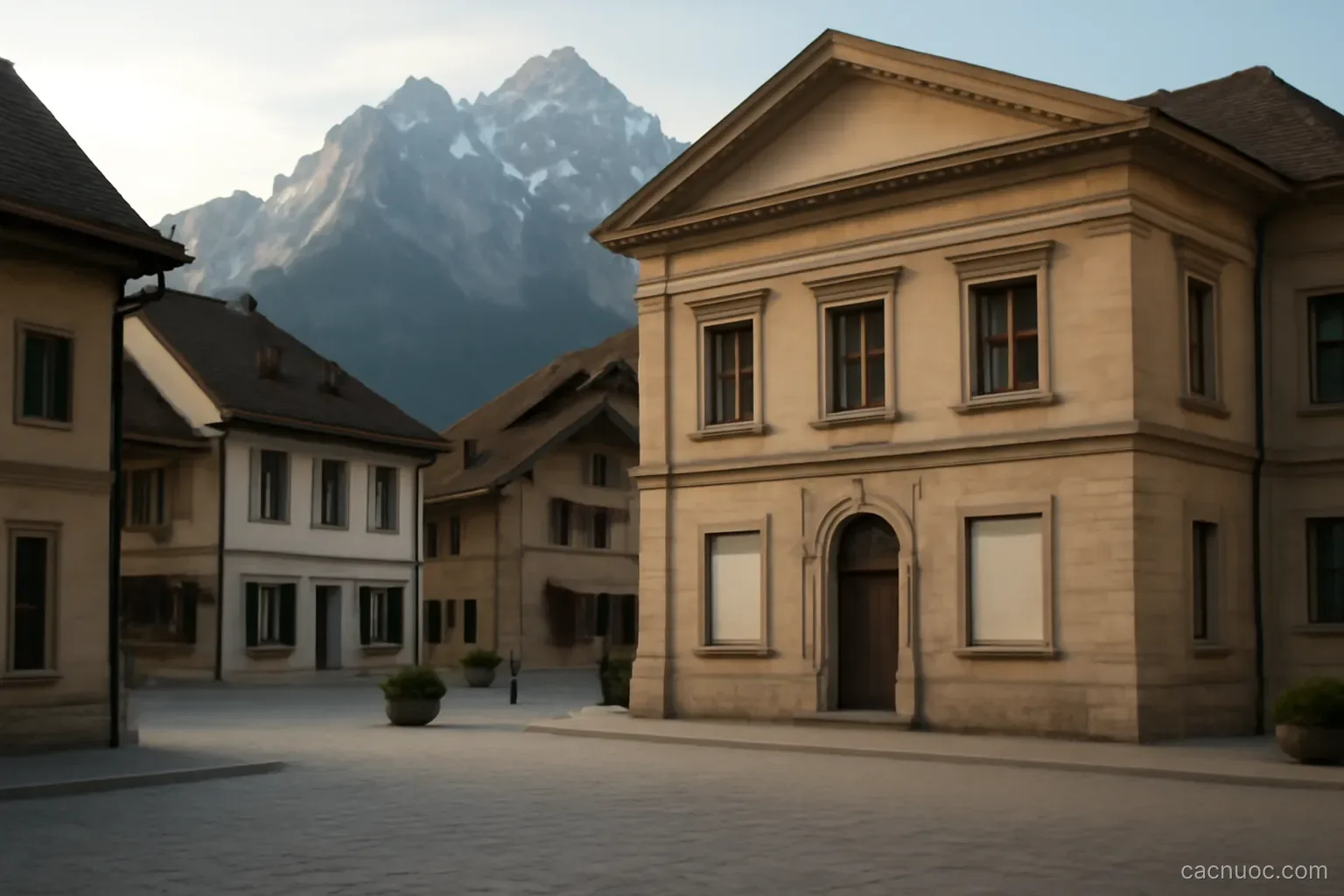 A quiet alpine town square with a bank facade and mountain peaks rising behind the rooftops, no readable text