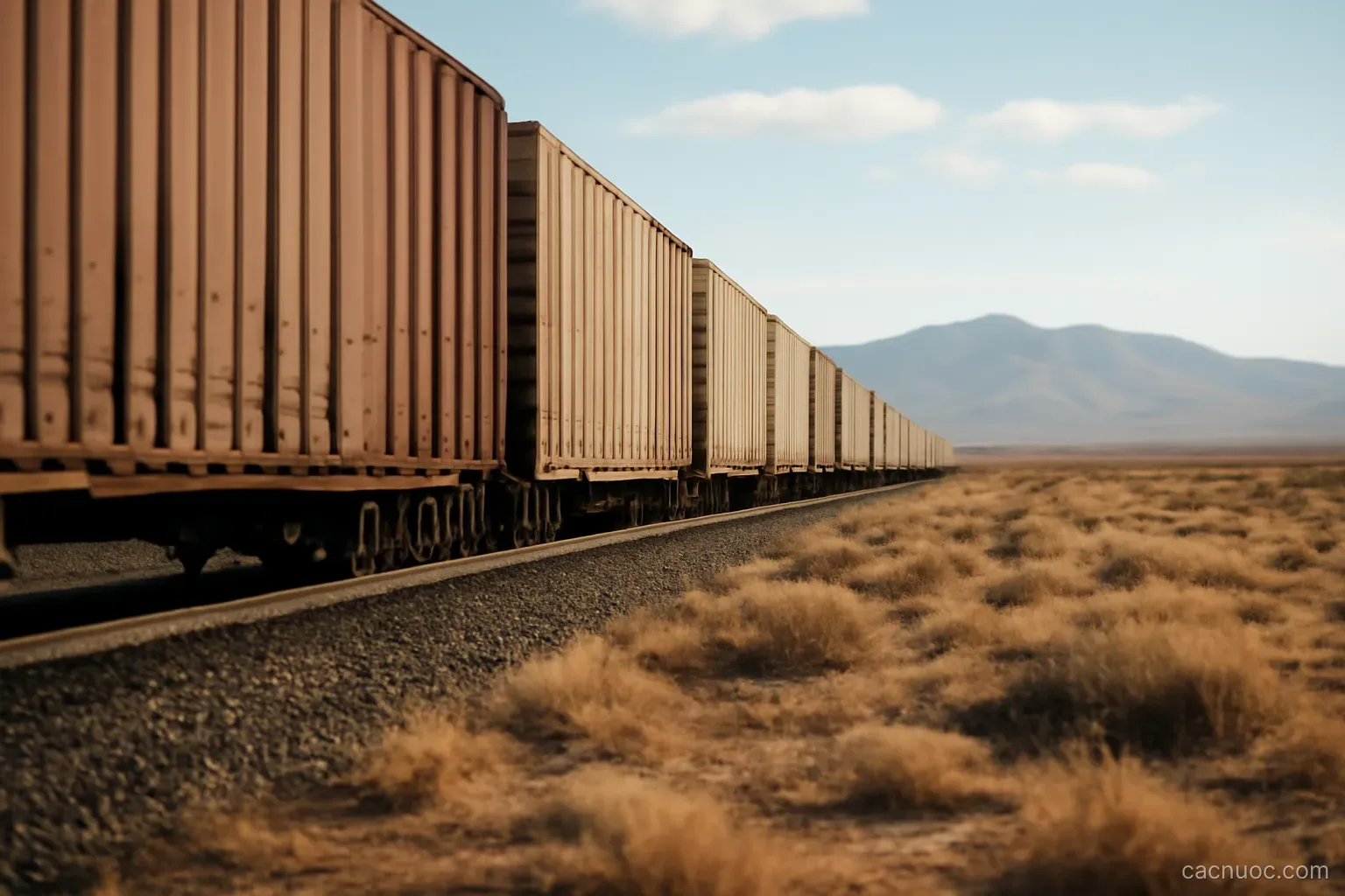 A long freight train crossing a dry inland plain with mountains on the horizon, seen from a low angle, no readable text
