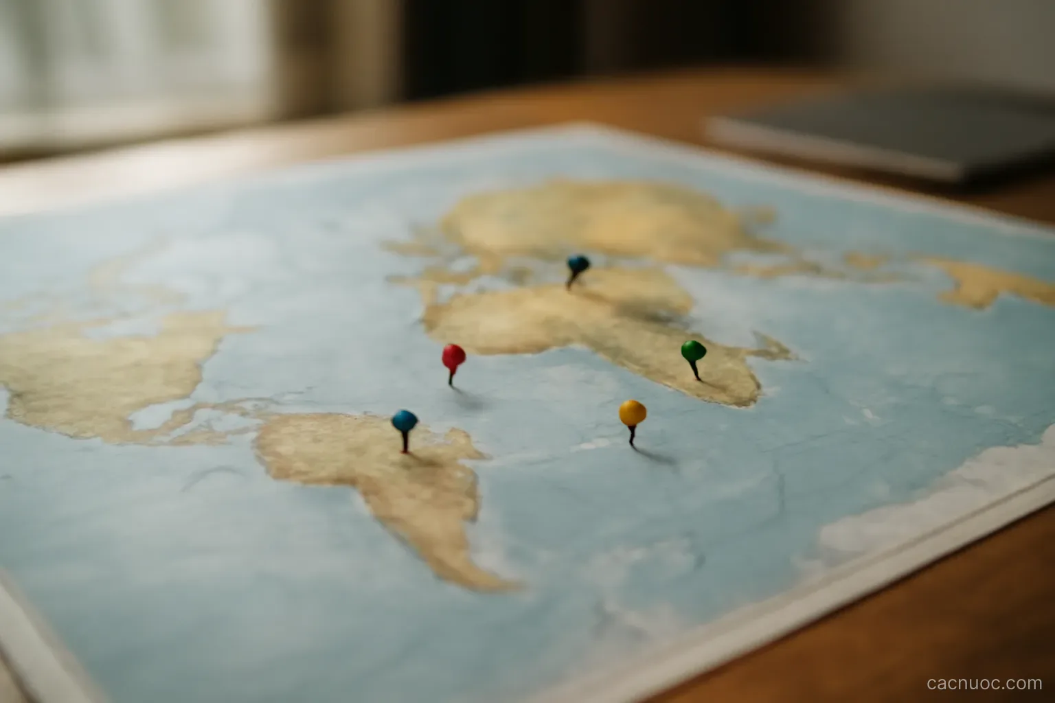 A world map spread on a table with several small markers placed on different regions, no readable text