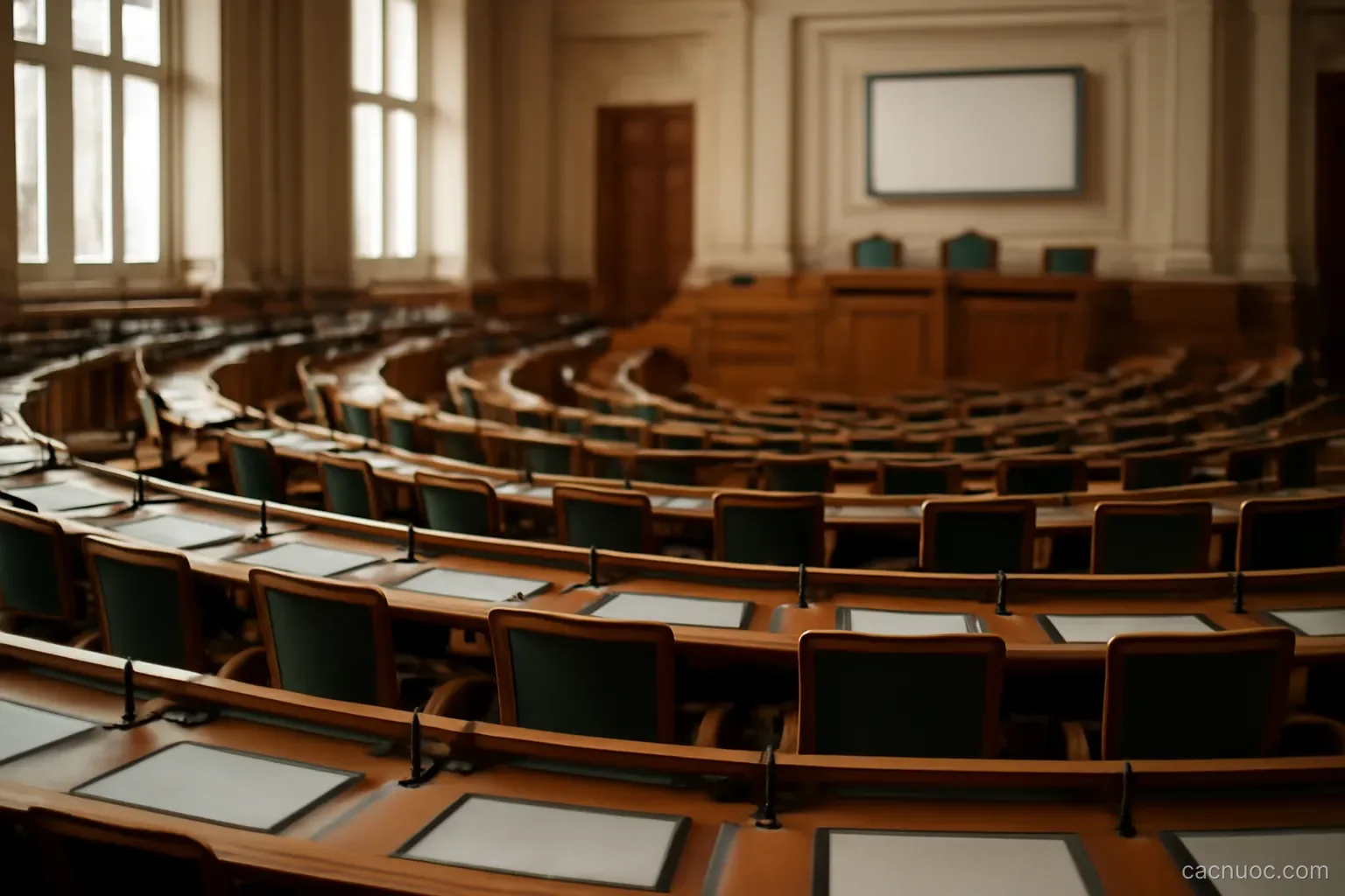 A parliament chamber with curved rows of empty seats, no readable text