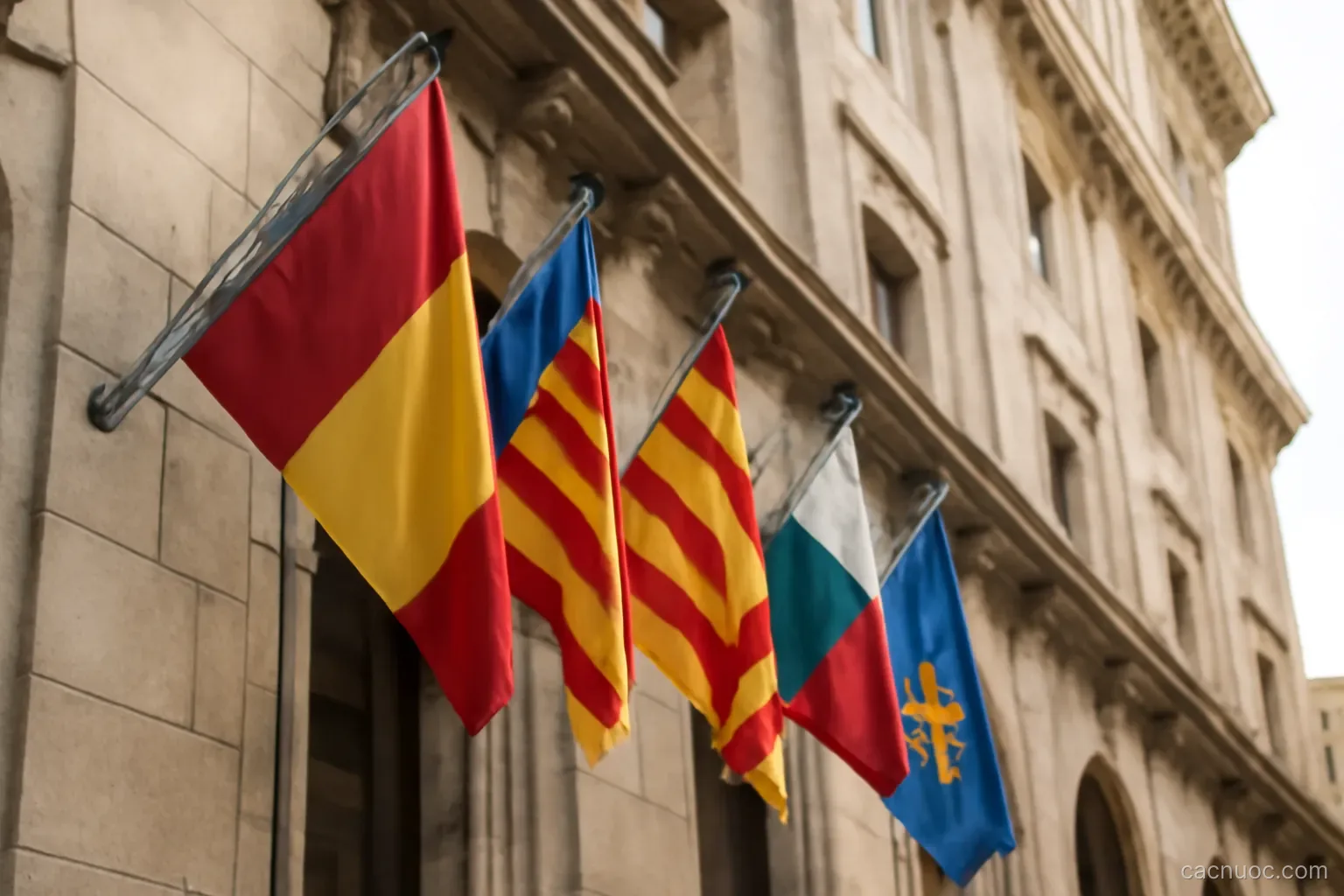 A row of regional flags hanging along a stone government building facade seen from below, no readable text