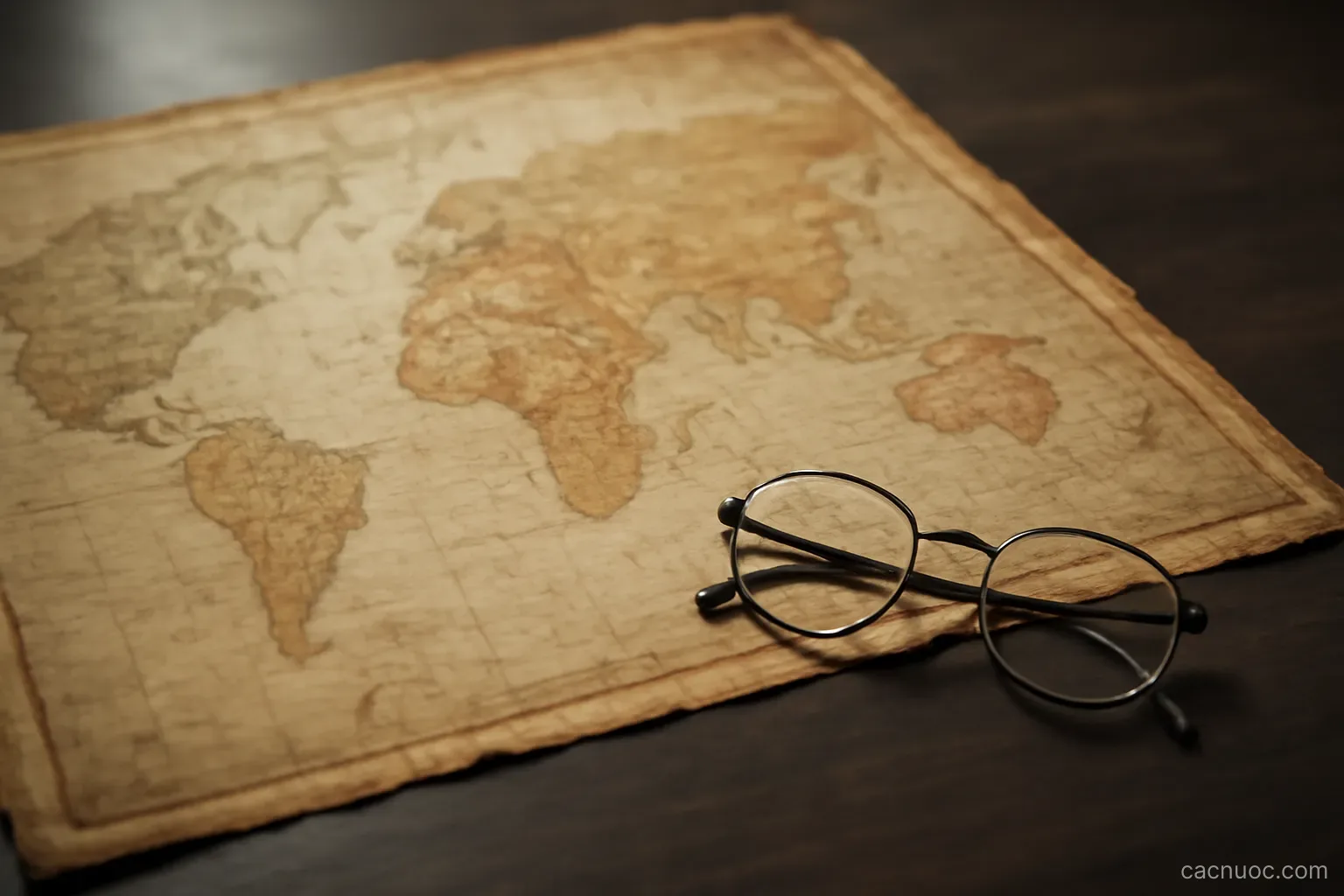 An old wall map with faded boundary lines beside a pair of reading glasses on a dark desk, no readable text