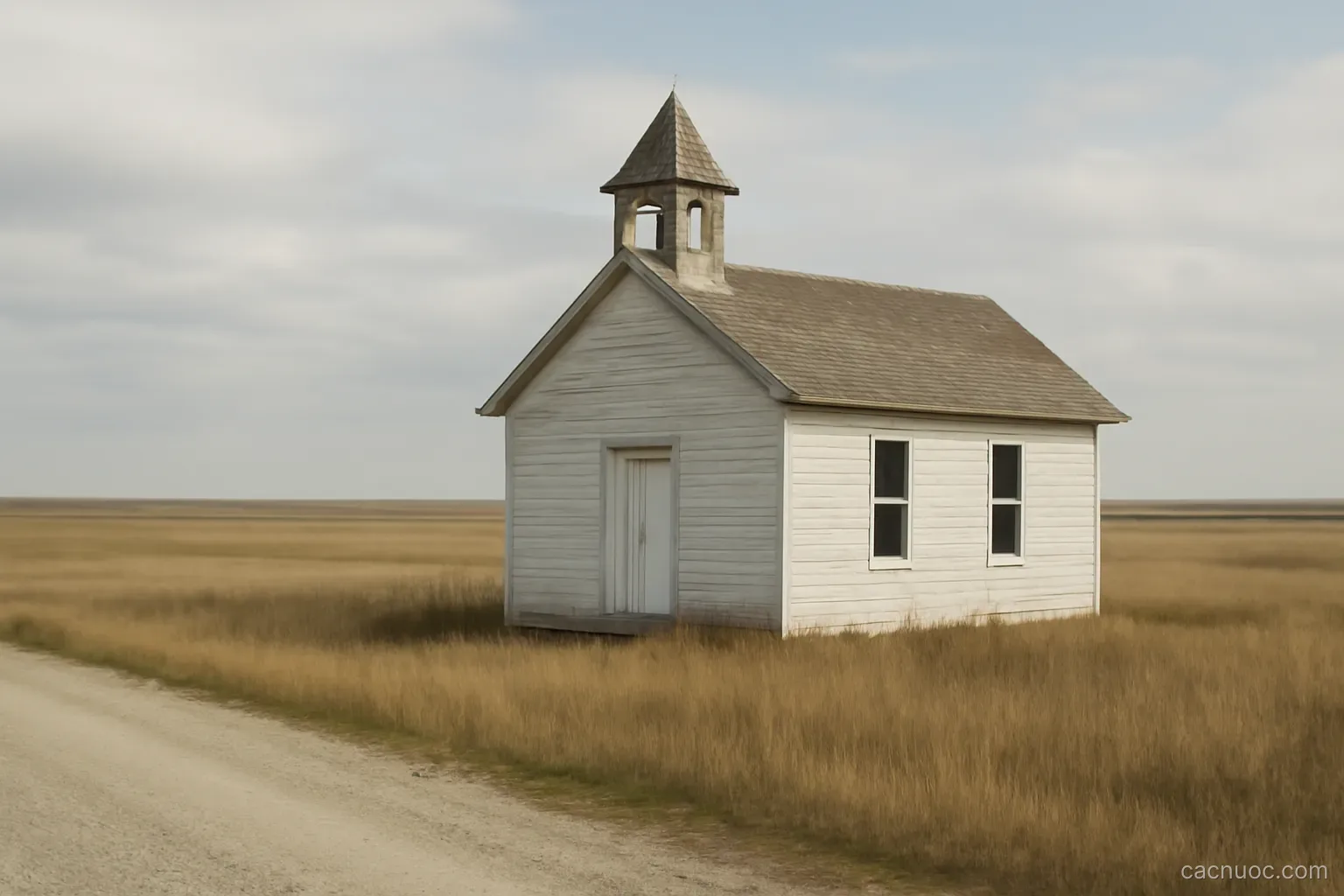 A single small schoolhouse standing alone beside a gravel road in wide open grassland, no readable text