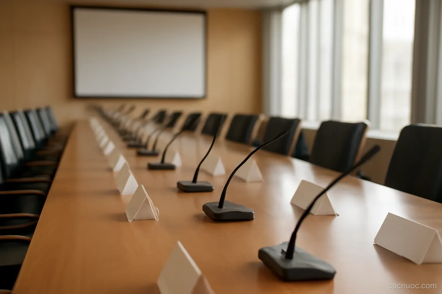 A long conference table with name placards and microphones in an international meeting room, chairs empty, no readable text