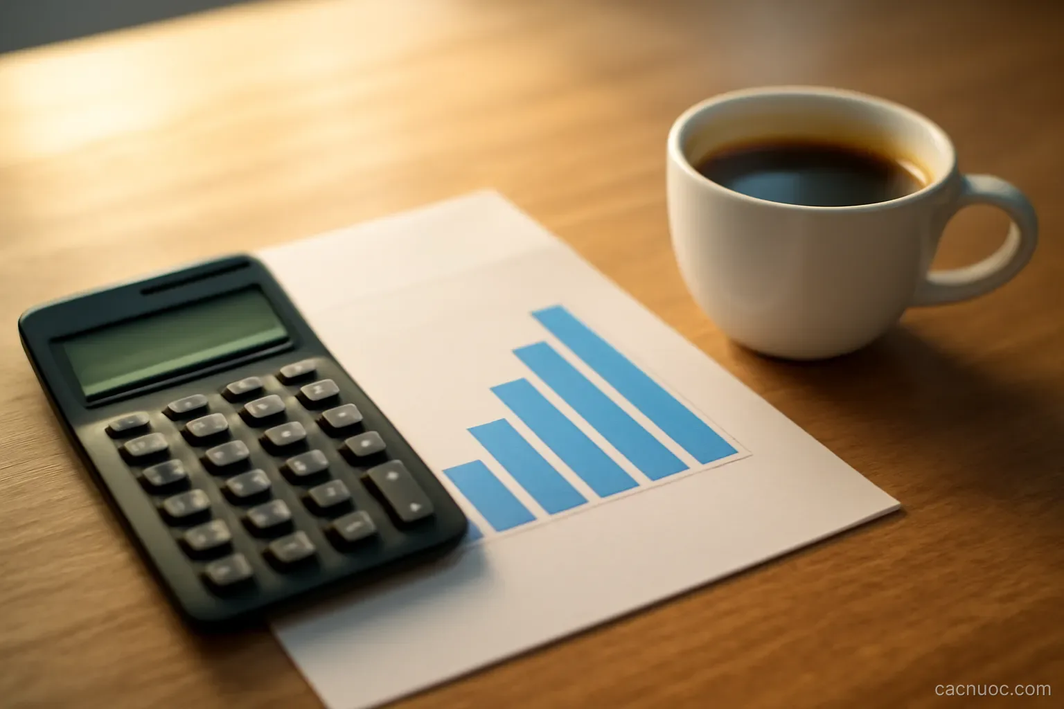 A calculator, a printed bar chart and a cup of coffee arranged on a desk in morning light, no readable text