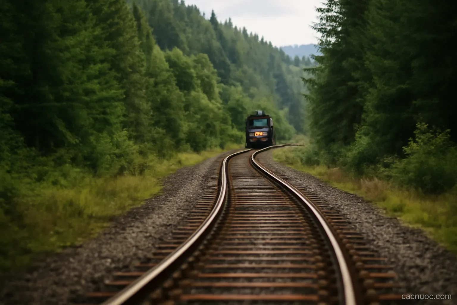 A long railway line curving through forested hills with a single locomotive in the distance, no readable text