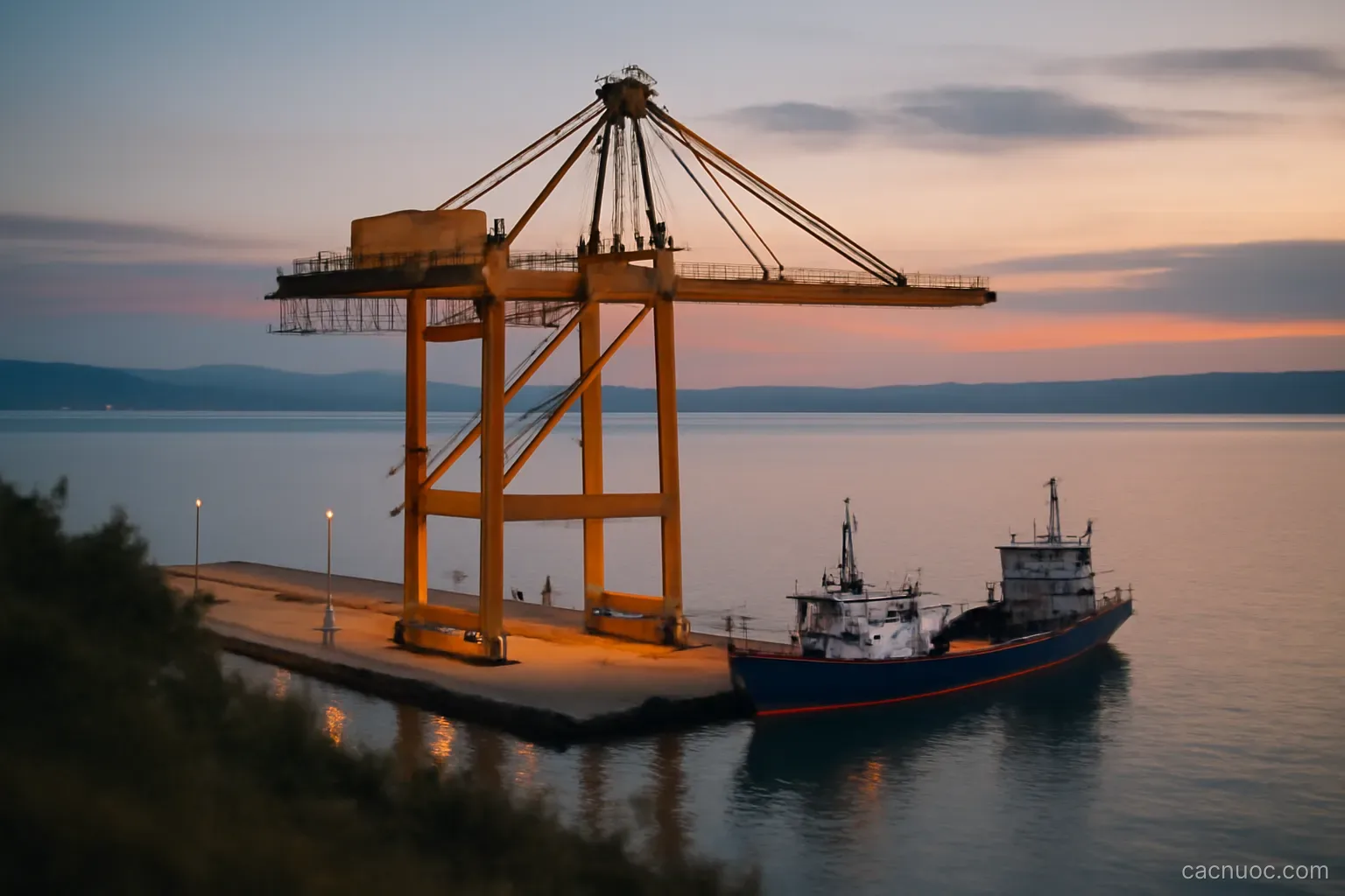 A single container crane standing over one small quay with two vessels moored, seen from a hillside at dusk, no readable text