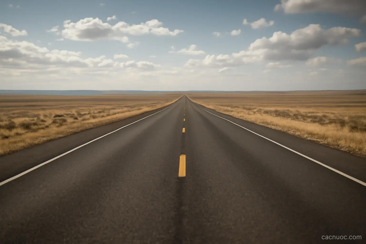 A straight empty highway running to the horizon across an open plain under a wide sky, low angle, no readable text
