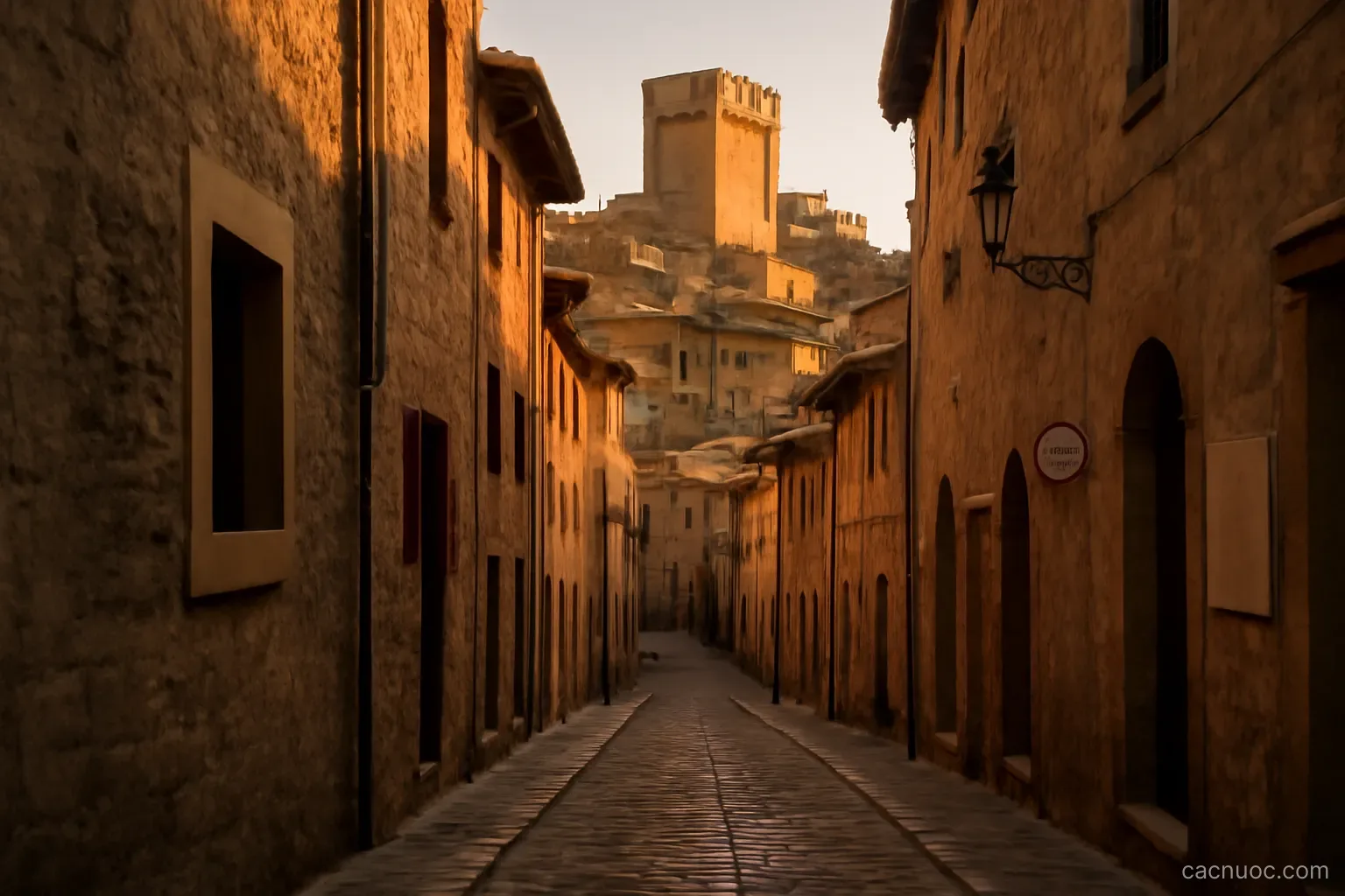 A narrow medieval street climbing a hillside town with a fortress tower at the top, warm evening light, no readable text