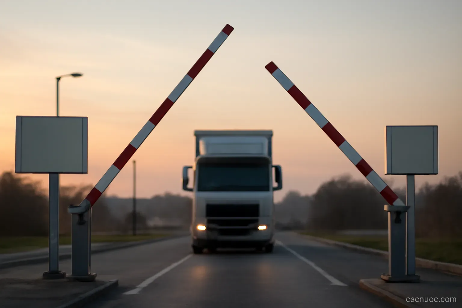 Two customs barriers raised over an empty border road at dawn with a lorry waiting behind, no readable text
