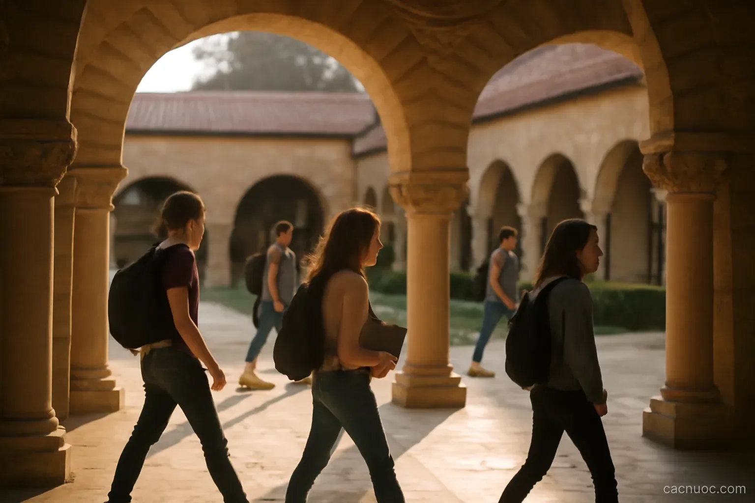 A university courtyard with students crossing between stone arcades in late afternoon light, no readable text