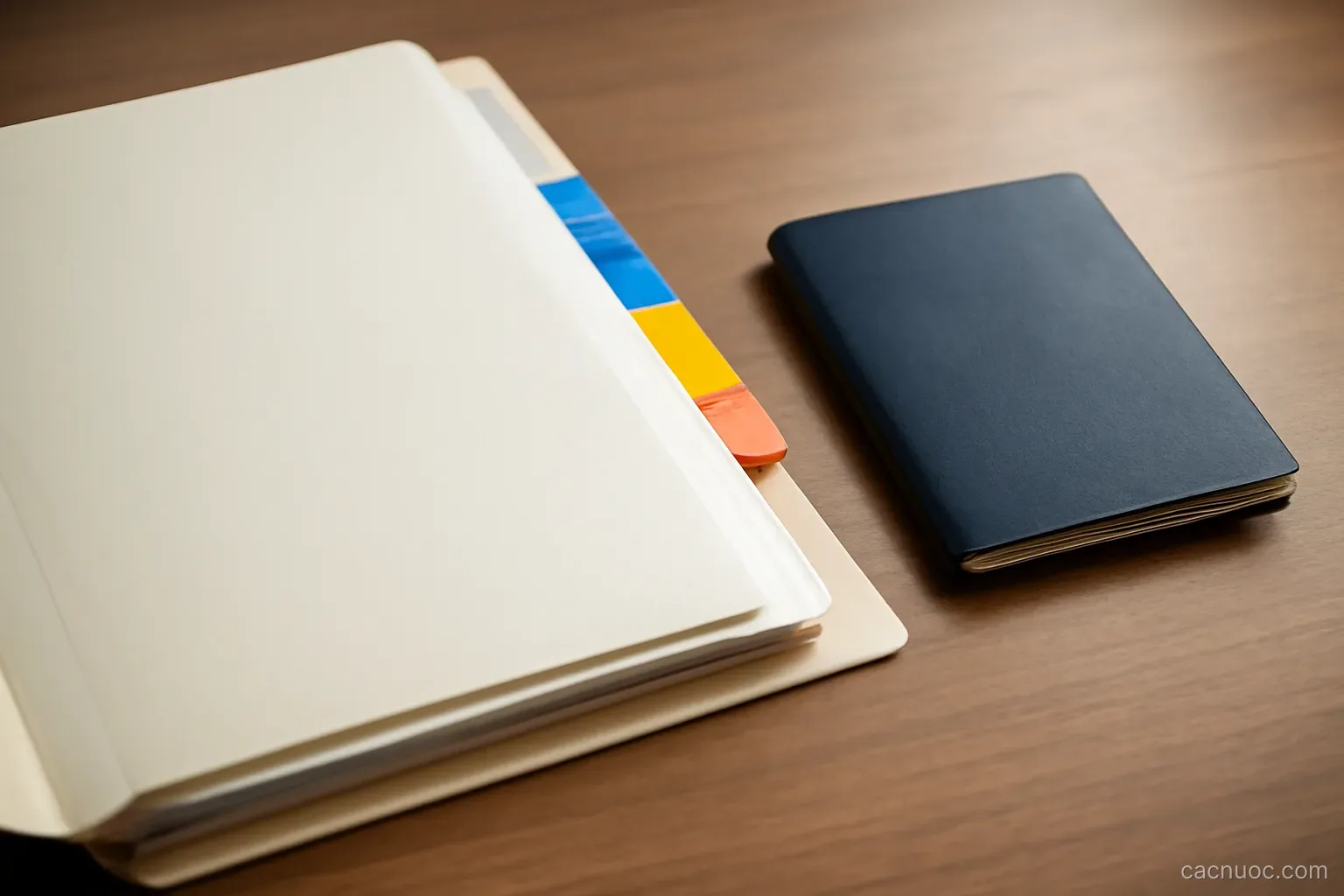 A folder of documents with coloured tabs open beside a passport on a desk, no readable text