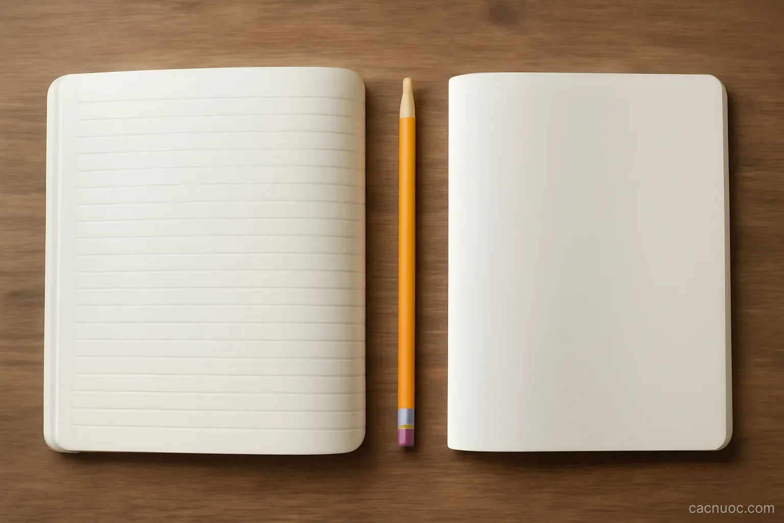 Two open notebooks side by side on a table with a pencil laid between them, overhead view, no readable text