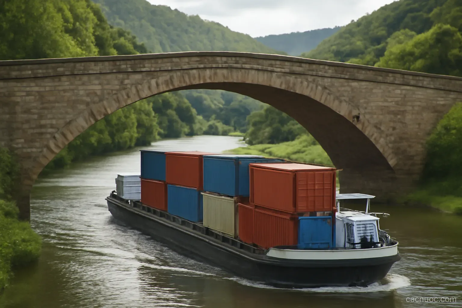 A river barge loaded with containers passing under a stone bridge in a green inland valley, no readable text