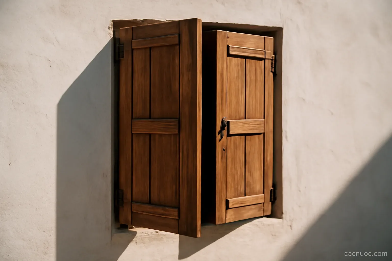 A pair of wooden window shutters half closed against bright sun on a whitewashed wall, deep shadow inside, no readable text