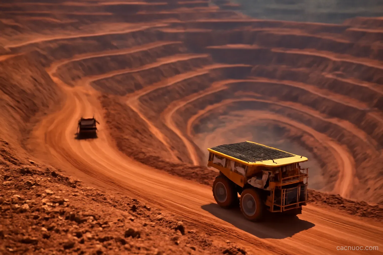 An open pit mine terrace cut into red earth with haul trucks on the ramp, seen from the rim, no readable text