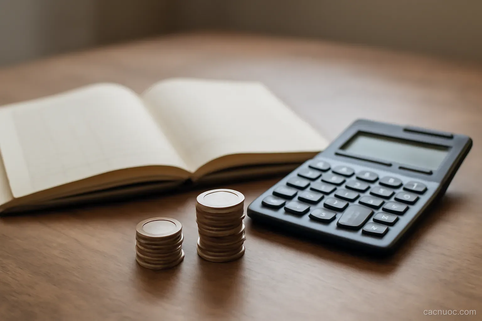 A ledger book open beside a calculator and two stacks of coins of different heights on a desk, no readable text