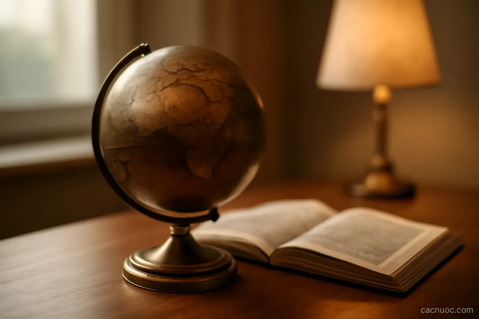 A brass globe on a desk tilted on its axis beside an open atlas, warm lamp light from the side, no readable text
