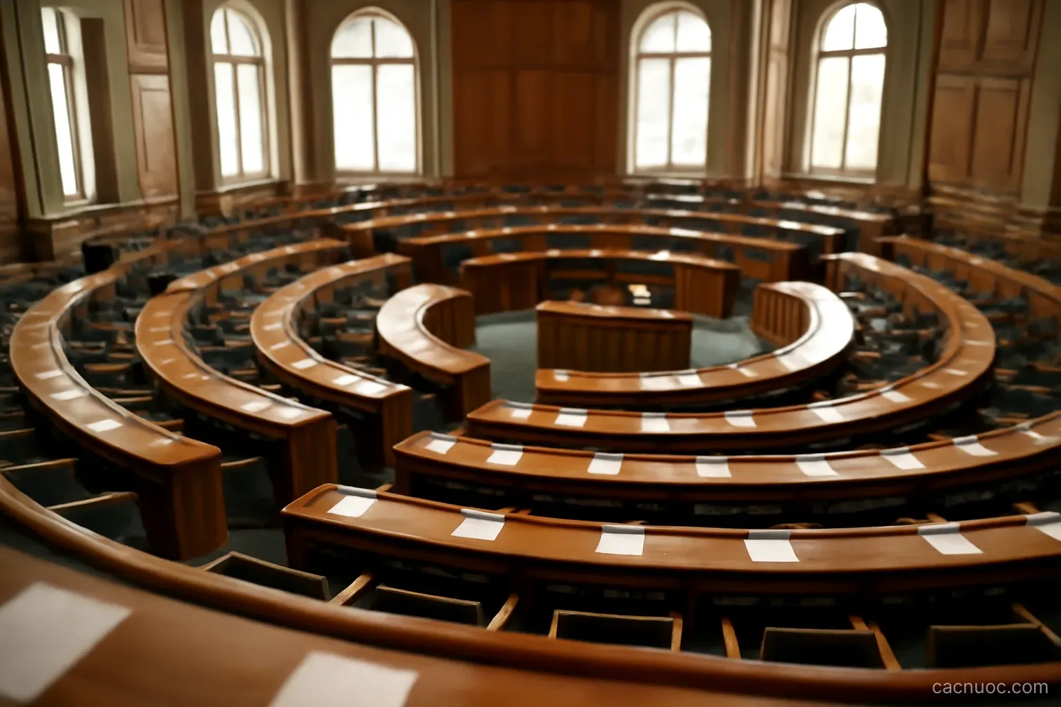 An empty semicircular parliamentary chamber with wooden desks and tall windows, viewed from the upper gallery, no readable text