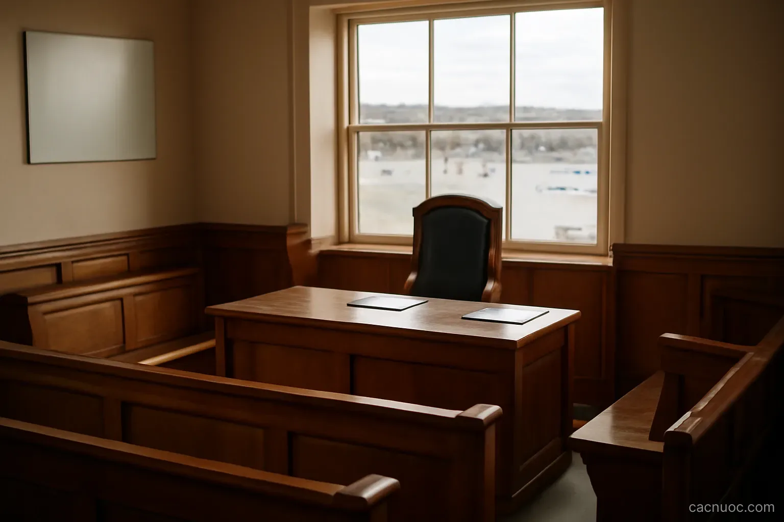 A small island council chamber with wooden benches and a window looking out over the harbour, no readable text