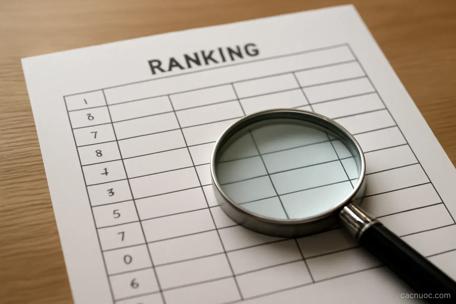A printed ranking table on paper with a magnifying glass resting on the footnotes, no readable text